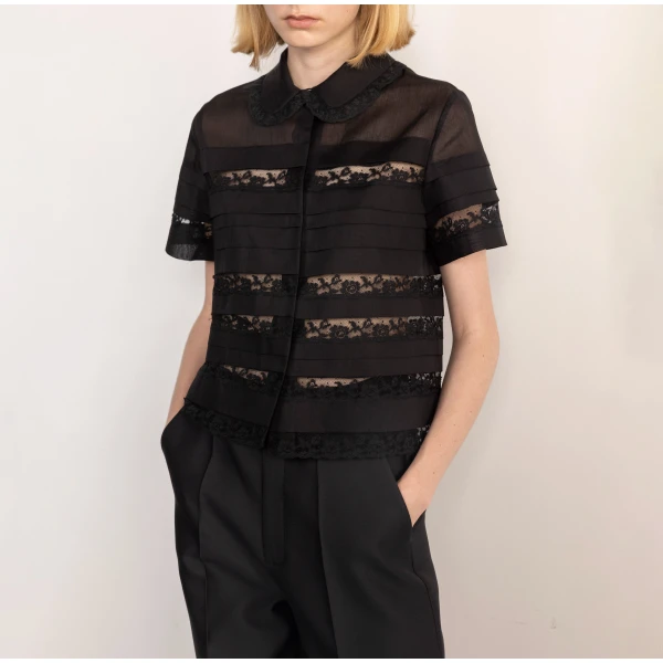 Dice Kayek Cotton Voile Lace Panel Shirt in Black | Shirts | Coveti