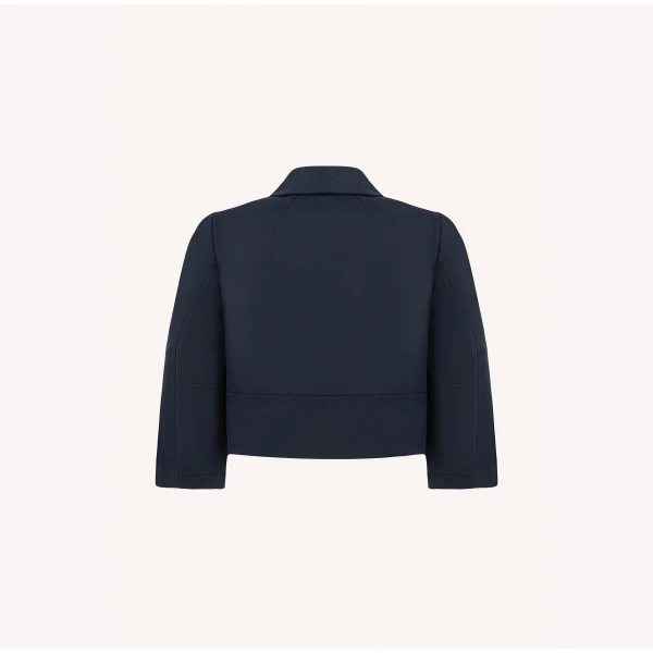 Dice Kayek Cropped Cotton Structured Jacket with Sculpted Collar in Navy | Jackets | Coveti