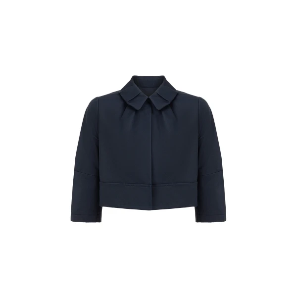 Dice Kayek Cropped Cotton Structured Jacket with Sculpted Collar in Navy | Jackets | Coveti