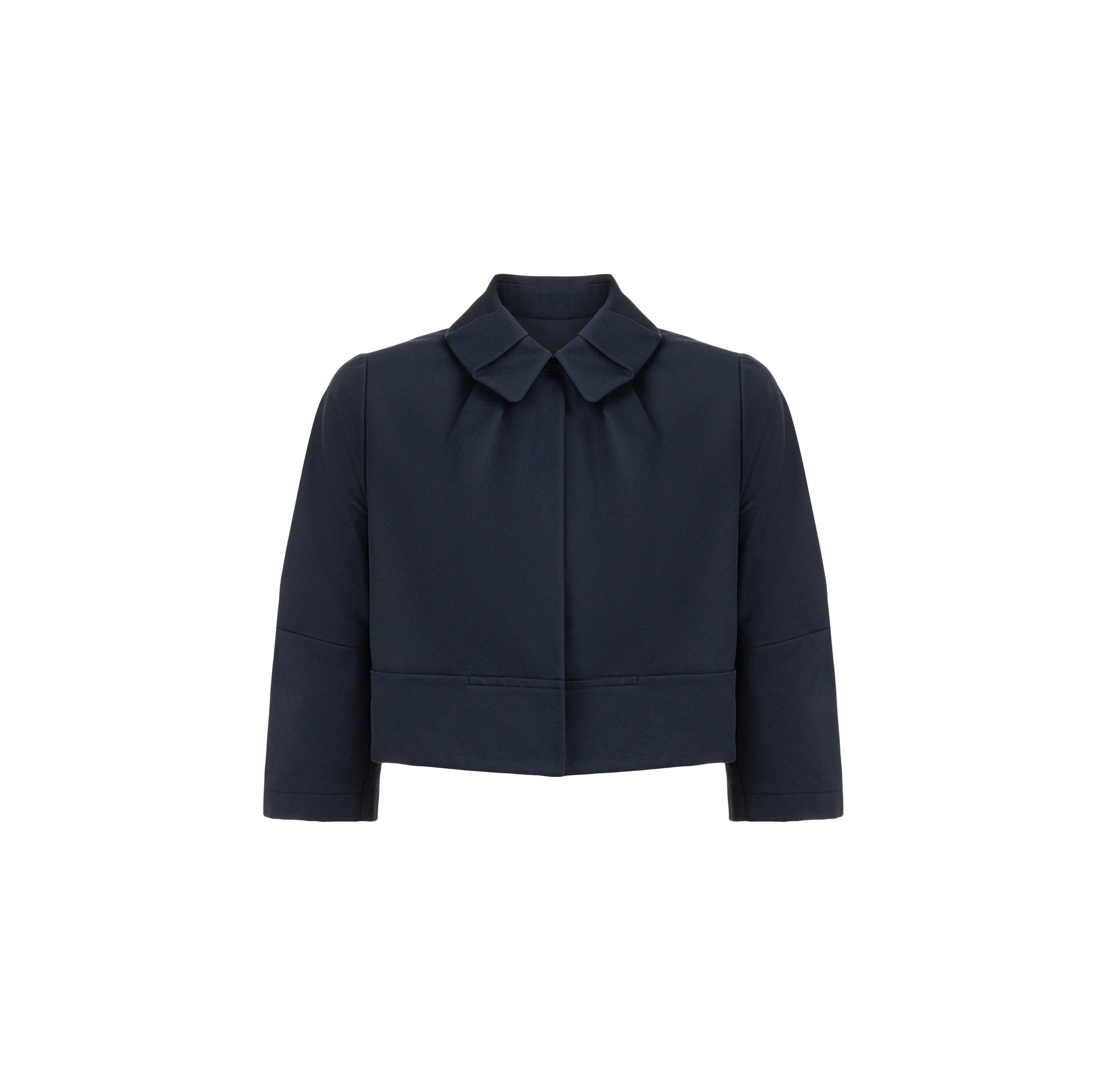 Dice Kayek Cropped Cotton Structured Jacket with Sculpted Collar in Navy Dice Kayek Cropped Cotton Structured Jacket with Sculpted Collar in Navy | Jackets | Coveti