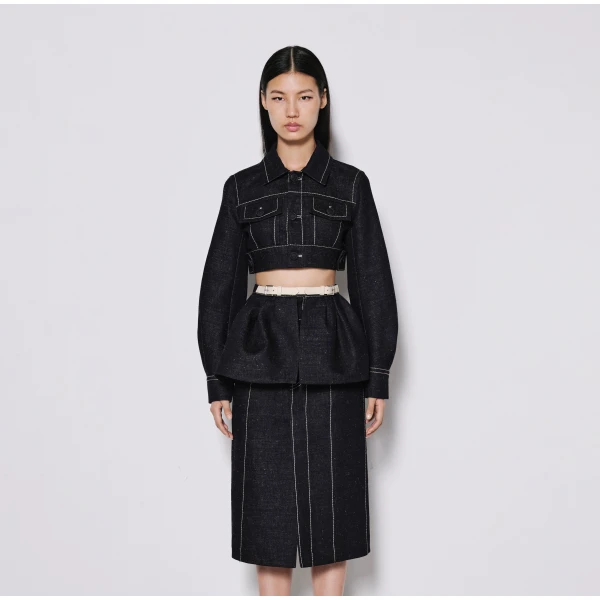 Dice Kayek Denim Skirt Belt with Contrast Stitching in Indigo | Denim Skirts | Coveti