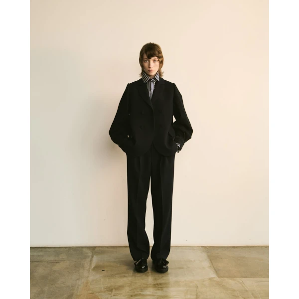 Dice Kayek Double-Breasted Jacket with Denim Sleeves in Navy | Jackets | Coveti