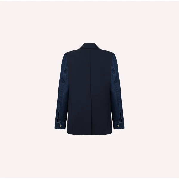 Dice Kayek Double-Breasted Jacket with Denim Sleeves in Navy | Jackets | Coveti