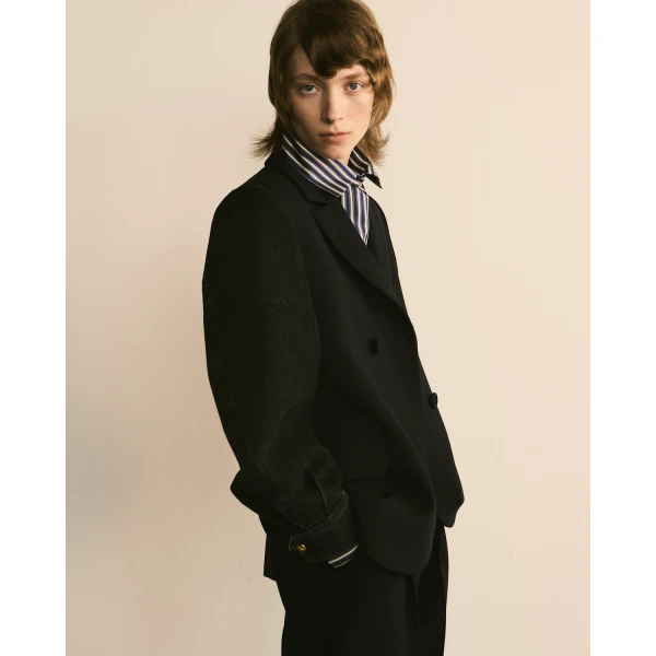 Dice Kayek Double-Breasted Jacket with Denim Sleeves in Navy | Jackets | Coveti