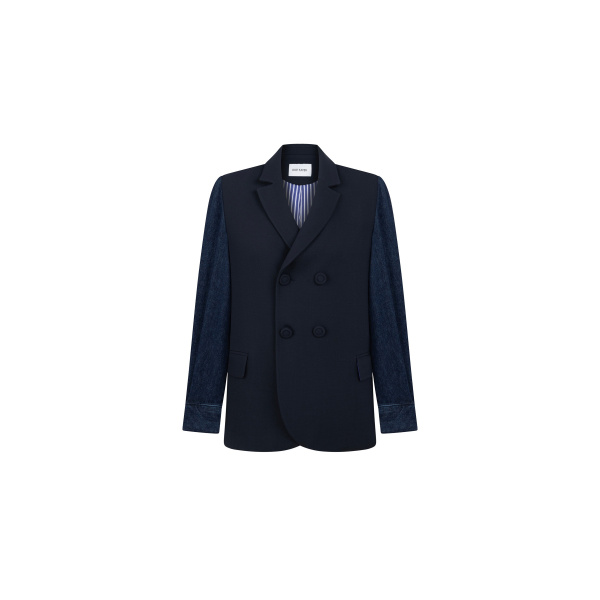 Dice Kayek Double-Breasted Jacket with Denim Sleeves in Navy | Jackets | Coveti
