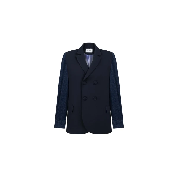 Dice Kayek Double-Breasted Jacket with Denim Sleeves in Navy | Jackets | Coveti
