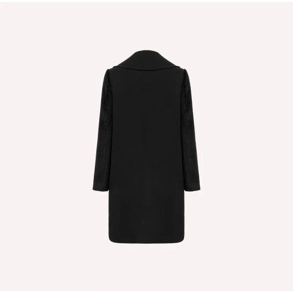 Dice Kayek Double-Breasted Wool Coat with Textured Sleeves in Black | Wool Coat | Coveti