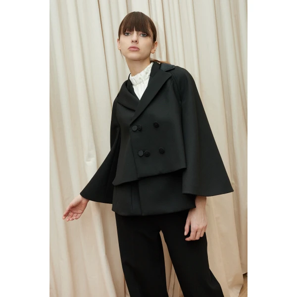 Dice Kayek Double-Layer Cape Jacket with Tailored Vest in Black | Jackets | Coveti