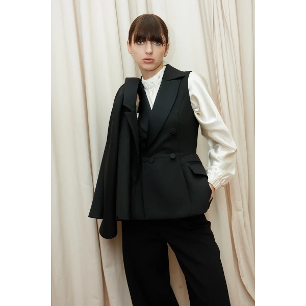 Dice Kayek Double-Layer Cape Jacket with Tailored Vest in Black | Jackets | Coveti