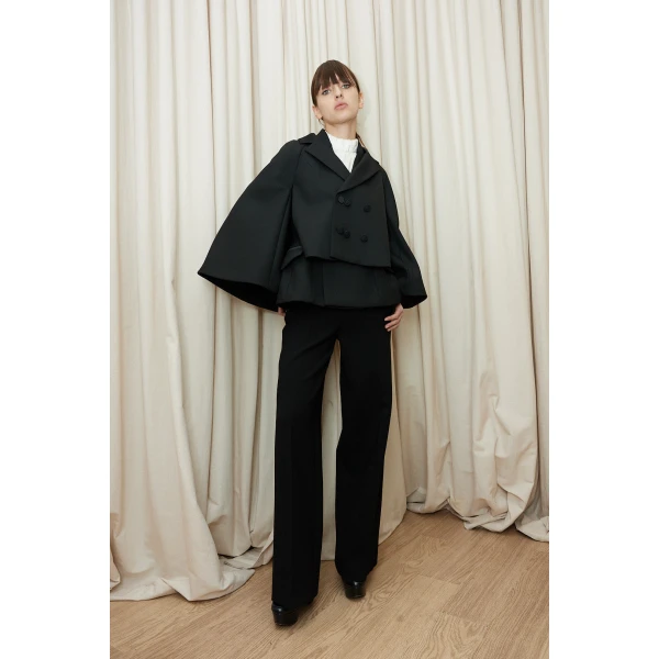 Dice Kayek Double-Layer Cape Jacket with Tailored Vest in Black | Jackets | Coveti