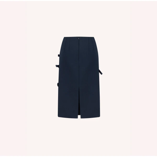 Dice Kayek Embellished Bow Detail Midi Skirt in Navy | Midi Skirts | Coveti