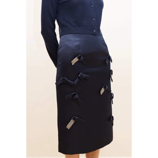 Dice Kayek Embellished Bow Detail Midi Skirt in Navy | Midi Skirts | Coveti