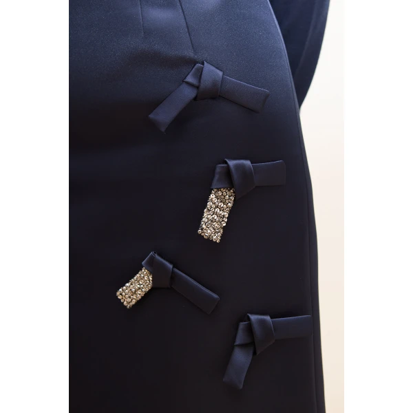 Dice Kayek Embellished Bow Detail Midi Skirt in Navy | Midi Skirts | Coveti