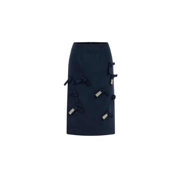 Dice Kayek Embellished Bow Detail Midi Skirt in Navy | Midi Skirts | Coveti