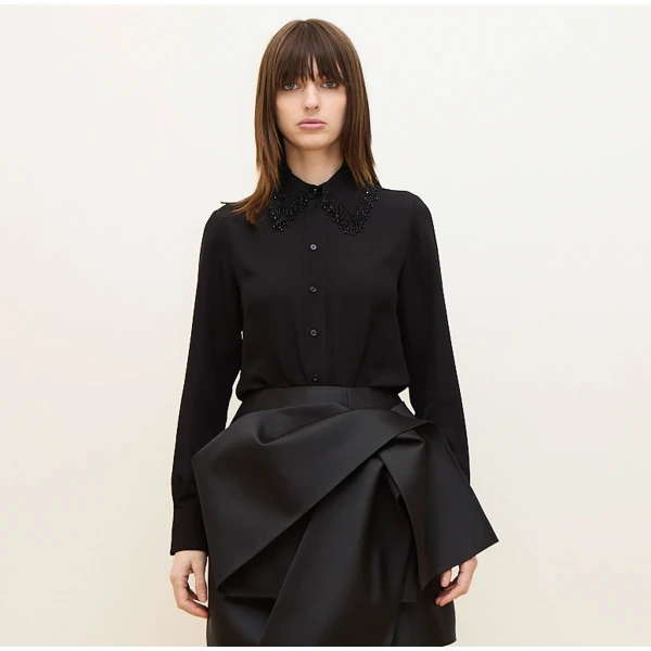 Dice Kayek Embellished Collar Silk Blouse in Black | Blouse | Coveti