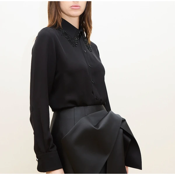 Dice Kayek Embellished Collar Silk Blouse in Black | Blouse | Coveti