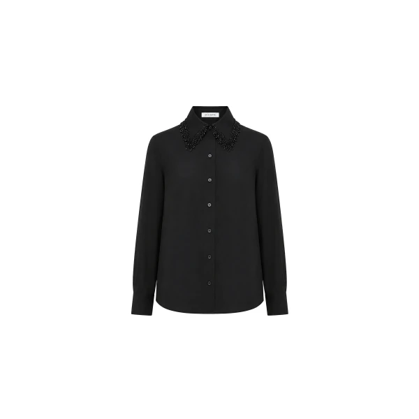 Dice Kayek Embellished Collar Silk Blouse in Black | Blouse | Coveti
