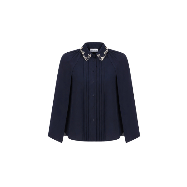 Dice Kayek Embellished Collar Silk Cape Blouse in Navy | Jackets | Coveti