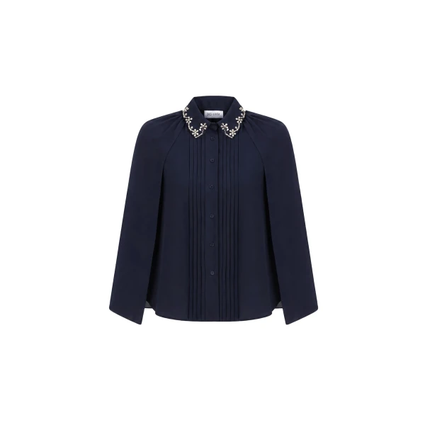 Dice Kayek Embellished Collar Silk Cape Blouse in Navy | Jackets | Coveti