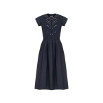 Dice Kayek Embellished Navy Cotton Midi Dress with Floral Embroidery | Midi Dresses | Coveti