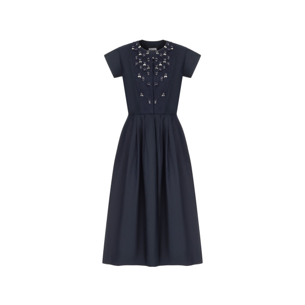 Dice Kayek Embellished Navy Cotton Midi Dress with Floral Embroidery | Midi Dresses | Coveti
