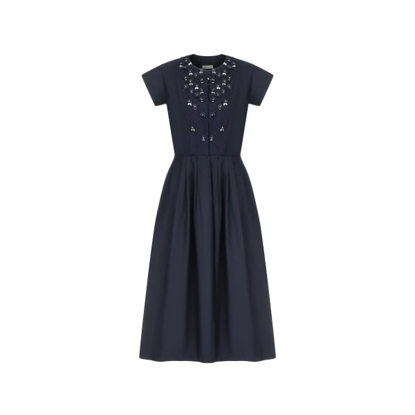 Dice Kayek Embellished Navy Cotton Midi Dress with Floral Embroidery | Midi Dresses | Coveti