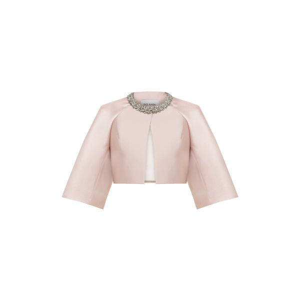 Dice Kayek Embellished Satin Cropped Cape Jacket in Pink | Jackets | Coveti