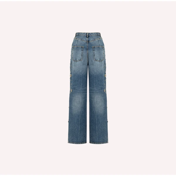 Dice Kayek Embellished Wide-Leg Denim Jeans in Blue | Denim | Coveti