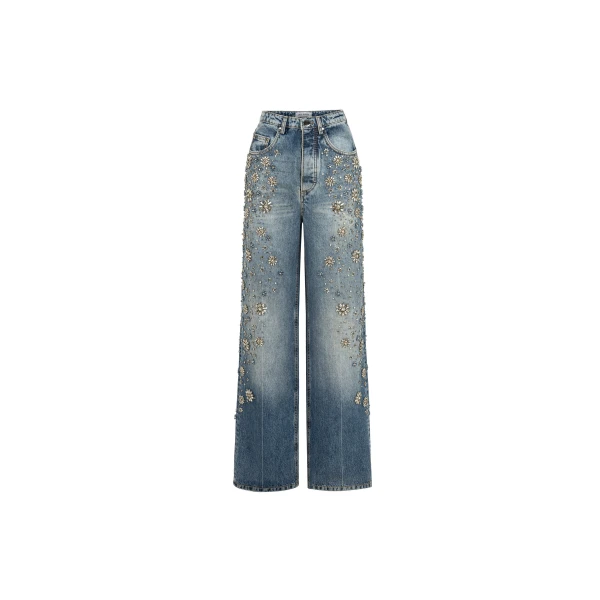 Embellished Wide-Leg Denim Jeans in Blue