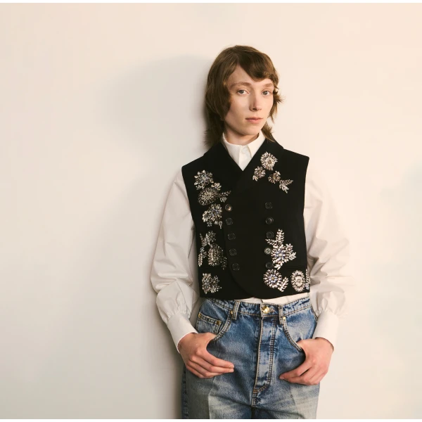 Dice Kayek Embroidered Vest with Crystal Embellishments in Navy | Vests | Coveti