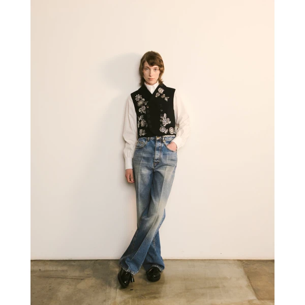 Dice Kayek Embroidered Vest with Crystal Embellishments in Navy | Vests | Coveti