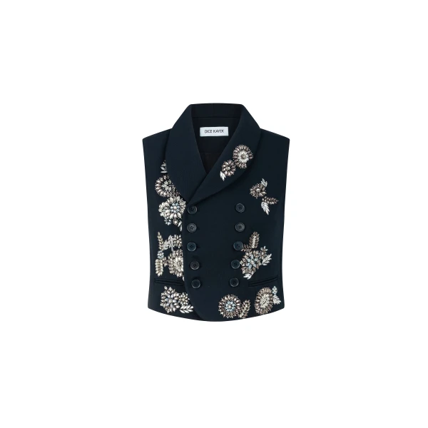 Embroidered Vest with Crystal Embellishments in Navy