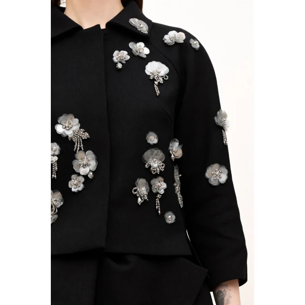 Dice Kayek Floral Embellished Cropped Jacket in Black | Jackets | Coveti