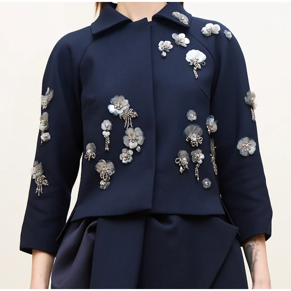 Dice Kayek Floral Embellished Cropped Jacket in Navy | Jackets | Coveti