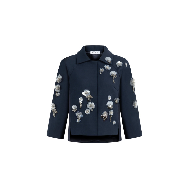 Dice Kayek Floral Embellished Cropped Jacket in Navy | Jackets | Coveti