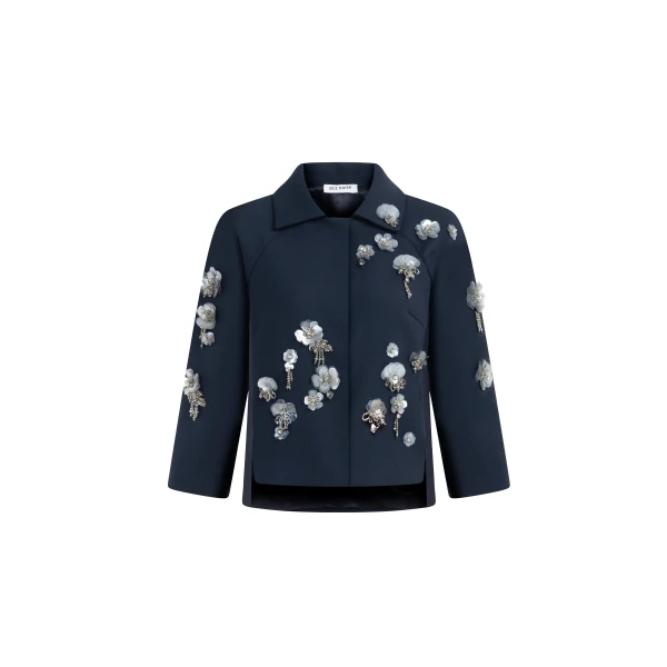 Dice Kayek Floral Embellished Cropped Jacket in Navy | Jackets | Coveti