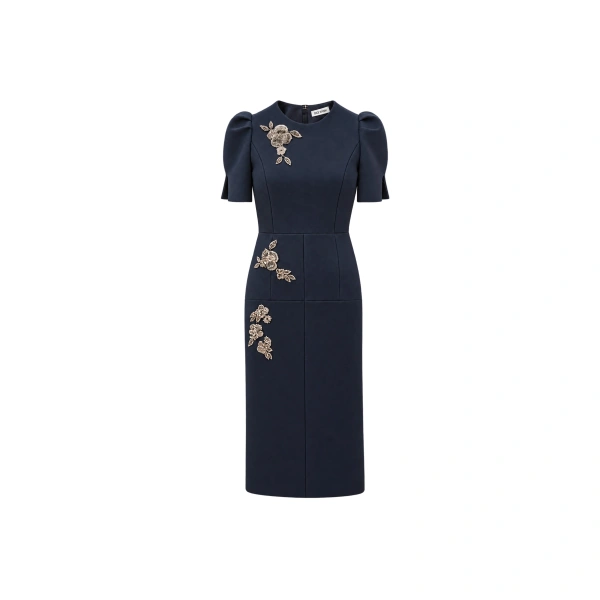 Floral Embellished Midi Dress in Navy