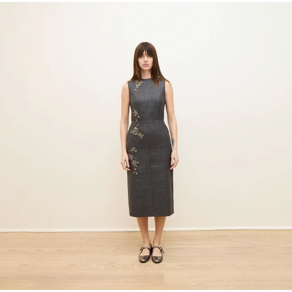 Dice Kayek Floral Embellished Wool Midi Dress in Grey Melange | Midi Dresses | Coveti