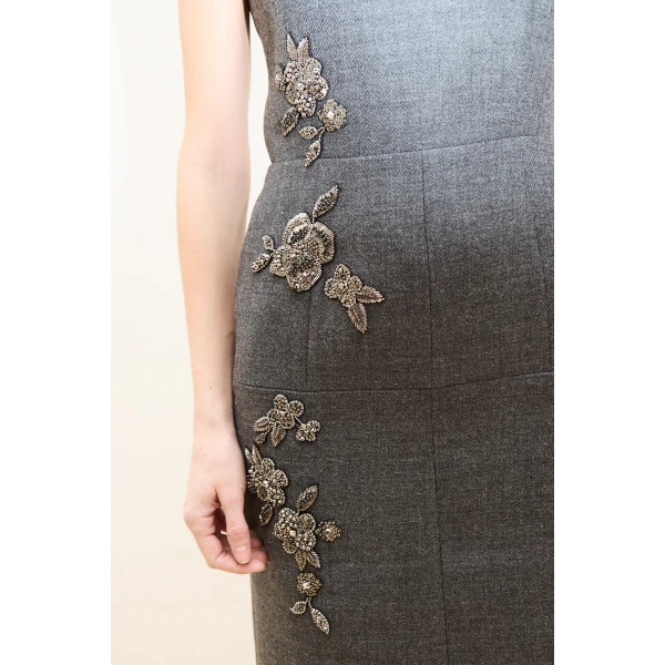Dice Kayek Floral Embellished Wool Midi Dress in Grey Melange | Midi Dresses | Coveti