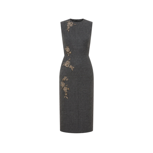 Dice Kayek Floral Embellished Wool Midi Dress in Grey Melange | Midi Dresses | Coveti