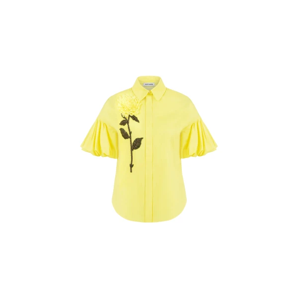 Dice Kayek Floral Embroidered Cotton Poplin Shirt in Yellow | Shirts | Coveti