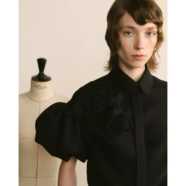 Dice Kayek Floral Embroidered Silk Shirt in Black | Shirts | Coveti