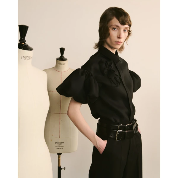 Dice Kayek Floral Embroidered Silk Shirt in Black | Shirts | Coveti
