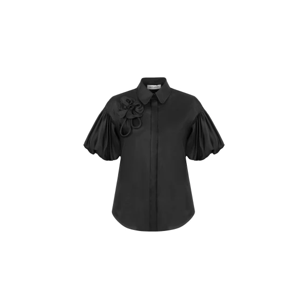 Dice Kayek Floral Embroidered Silk Shirt in Black | Shirts | Coveti