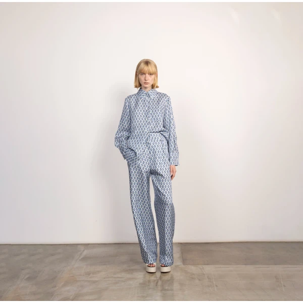 Dice Kayek Geometric Print Silk Twill Shirt in Blue Geometric | Shirts | Coveti