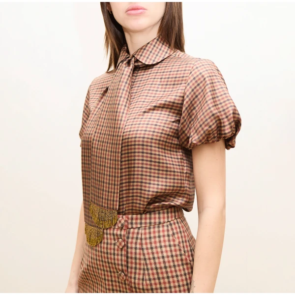 Dice Kayek Gingham Silk Blouse with Fringed Neck Tie in Beige Vichy | Blouse | Coveti