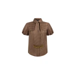 Dice Kayek Gingham Silk Blouse with Fringed Neck Tie in Beige Vichy | Blouse | Coveti