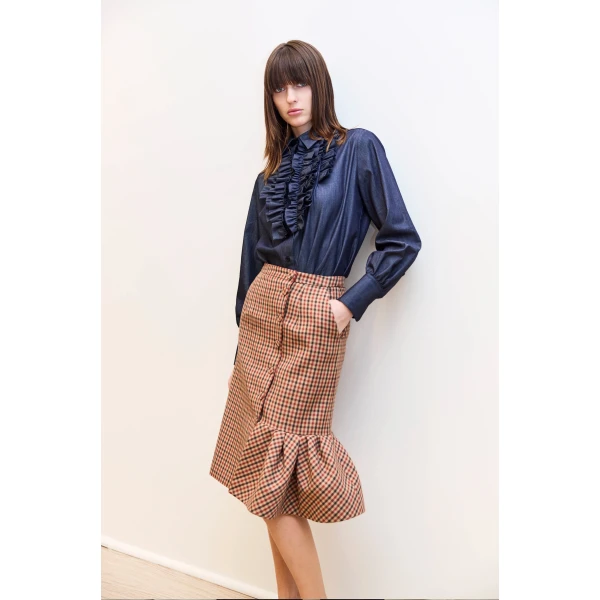 Dice Kayek Gingham Wool Midi Skirt in Beige Vichy | Midi Skirts | Coveti