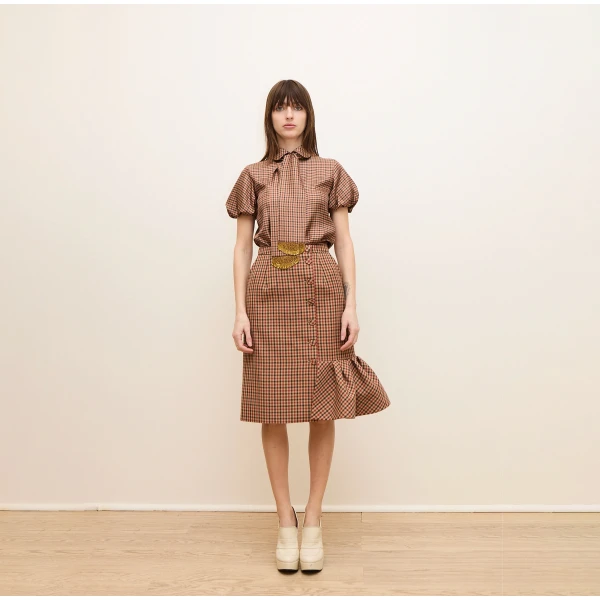 Dice Kayek Gingham Wool Midi Skirt in Beige Vichy | Midi Skirts | Coveti