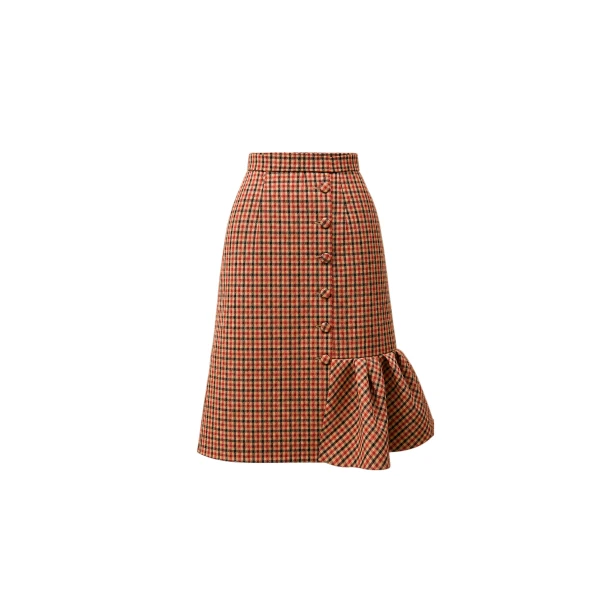 Gingham Wool Midi Skirt in Beige Vichy